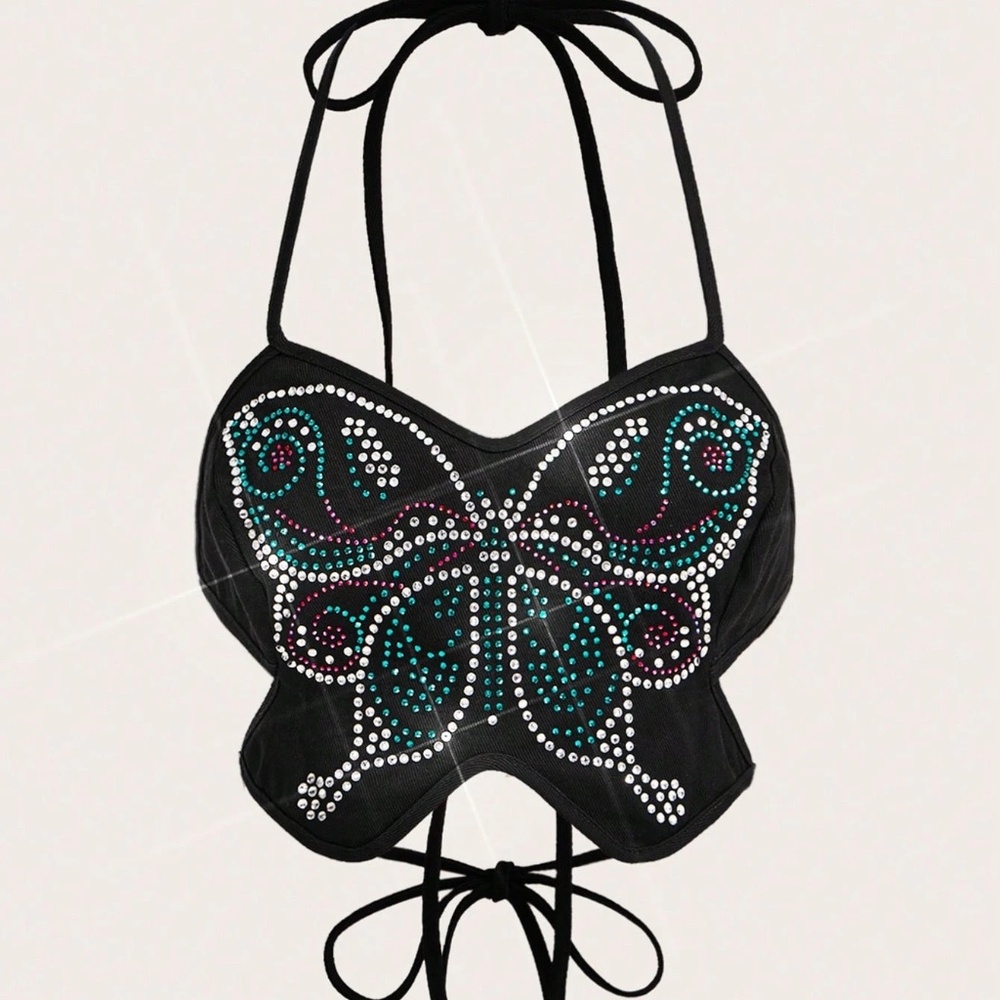 Black Rhinestone Butterfly Halter Top 🦋✨ Backless Party Crop